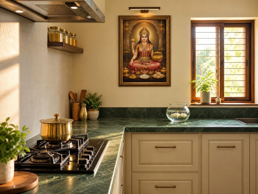 A North-East kitchen in Ishan Kon features a Lakshmi portrait, brass cookware, green countertops, a stove, and a water bowl near the window.